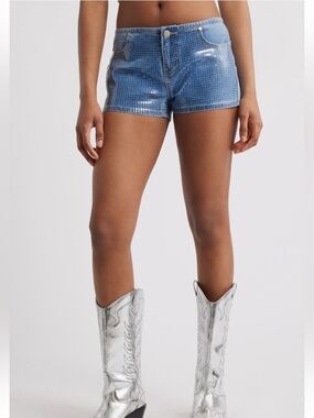 NWT Women's Denim Shorts with Shiny Grid Texture